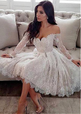 Off-the-shoulder Neckline Knee-length Belt Wedding Dress 