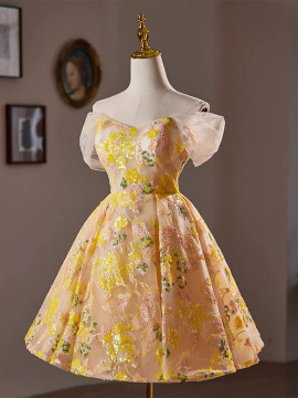 Shop 2024 ANNAKOO A-Line Off Shoulder Floral Tulle Yellow Homecoming Dress Under 129