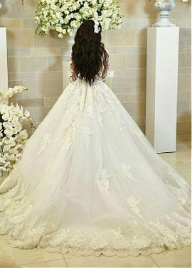 Illusion Long Sleeve Appiques Tulle Bateau Ball Gown Wedding Dress 