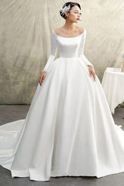 Shop 2024 ANNAKOO Satin Long Sleeve Satin Chapel Train Ball Gown Wedding Dress Under 269