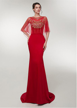  Spandex Jewel Beading Red Mermaid Evening Prom Dress
