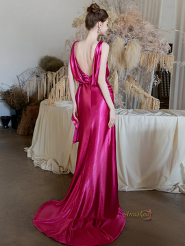 Shop 2024 ANNAKOO V Neck Fuchsia Satin Sheath Ruched Prom Dress Under 159
