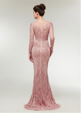  Lace Jewel Pink Long Sleeve Mermaid Evening Prom Dress 