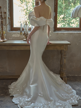 Shop 2024 ANNAKOO Satin Off The Shoulder Appliques Flowers Mermaid Wedding Dress Under 229