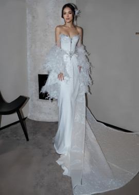 Shop 2024 ANNAKOO Beading Satin Trumpet Mermaid Puffy Sleeve Feather Wedding Dress Under 199