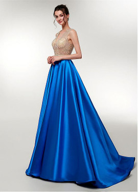 Blue Satin V-neck Bead Long Evening Prom Dress 