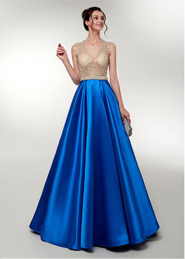Blue Satin V-neck Bead Long Evening Prom Dress 