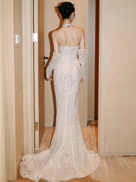 Shop 2024 ANNAKOO Halter Sequin Trumpet Mermaid Long Sleeves Tulle Wedding Dress Under 189