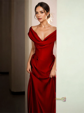 Shop 2024 ANNAKOO  Off The Shoulder Trumpet Mermaid Satin Burgundy Prom Dress Under 139