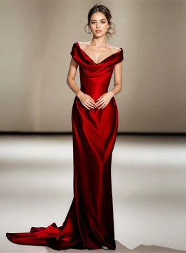 Shop 2024 ANNAKOO  Off The Shoulder Trumpet Mermaid Satin Burgundy Prom Dress Under 139