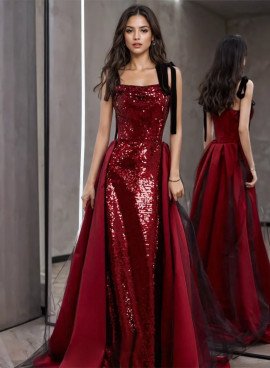Shop 2024 ANNAKOO Burgundy Straps Tie Shoulder A Line Sequin Prom Dress With Train Under 149