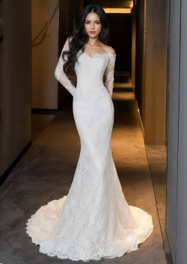  Long Sleeve Off The Shoulder Lace Trumpet Mermaid Wedding Dress