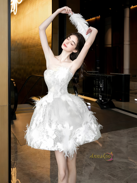 Shop 2024 ANNAKOO Strapless Feather Short Mini Feather Sequin Homecoming Dress Under 167