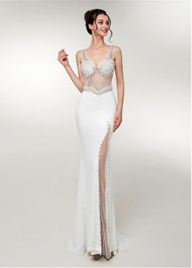 Tulle V-neck White Long Prom Mermaid Evening Dress