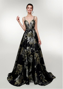 Floral Spaghetti Straps Print Long A-line Prom Evening Dress