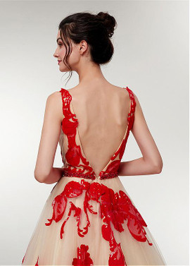 Red Tulle Bateau Long Aplliques  A-line Prom Dress 