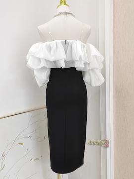 Shop 2024 ANNAKOO Black & White Tea Length Ruffles Sheath Column Homecoming Dress Under 97