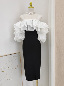 Shop 2024 ANNAKOO Black & White Tea Length Ruffles Sheath Column Homecoming Dress Under 97
