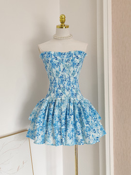 Shop 2024 ANNAKOO Blue Strapless Ruffles Print Short Mini Homecoming Dress Under 98