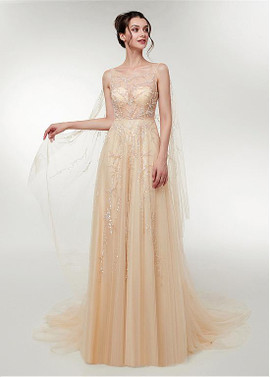 Tulle Scoop Champagne Beading A-line Prom Dress