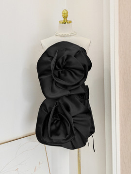 Shop 2024 ANNAKOO  Black Short Mini Satin Flower Strapless Homecoming Dress Under 98