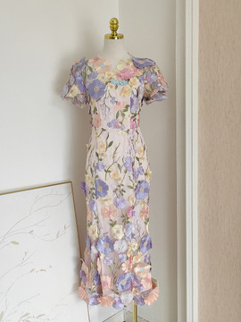 Shop 2024 ANNAKOO Floral Scoop Tulle Tea Length Short Sleeves Homecoming Dress Under 98