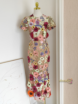 Shop 2024 ANNAKOO Floral Scoop Tulle Tea Length Short Sleeves Homecoming Dress Under 98