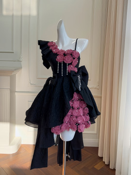 Shop 2024 ANNAKOO One Shoulder Black Short Mini Pink Flower Pearls Homecoming Dress Under 298