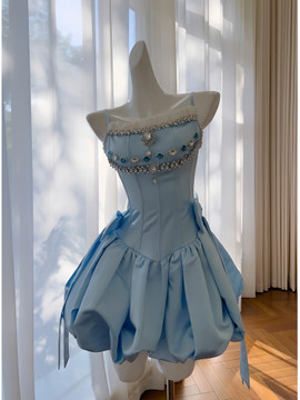 Shop 2024 ANNAKOO Sky Blue Beading Short Mini Ruffles Satin Homecoming Dress Under 199