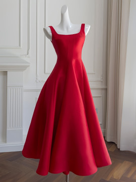 Shop 2024 ANNAKOO Straps Square Red Satin Tea Length Homecoming Dress Under 98