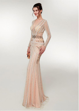 Tulle V-neck Long Sleeve Mermaid Prom Formal Dress