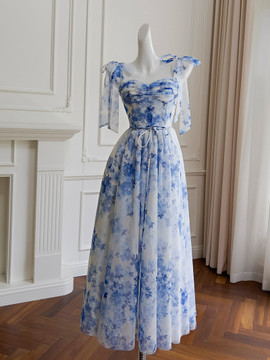 Shop 2024 ANNAKOO Blue Floral Print Tulle Tie Shoulder Party Dress Under 99