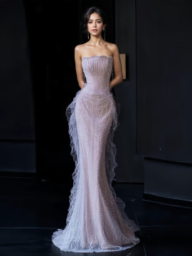 Shop 2024 ANNAKOO Purple Tulle Sequin Trumpet Mermaid Strapless Prom Dress Under 179