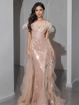 Shop 2024 ANNAKOO Champagne Tulle Sequin Trumpet Mermaid Ruffles Prom Dress Under 169