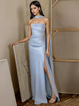 Shop Backless Strapless Blue Stain Sheath Column Prom Dress With Slit Under 139
