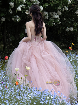 Shop 2024 Annakoo Pink Flowers Tulle Strapless Ball Gown Prom Dress Under 179