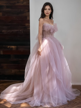 Shop 2024 ANNAKOO Pink Ruffles Tulle Strapless A Line Prom Dress Under 169