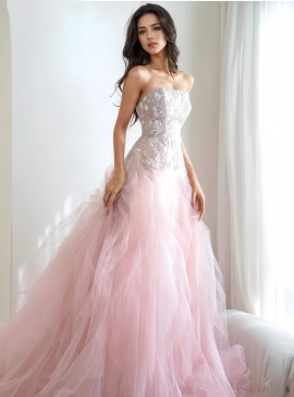 Shop 2024 ANNAKOO Pink Flowers Appliques Tulle Strapless A Line Prom Dress Under 179