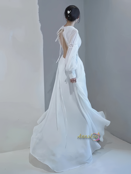 Shop 2024 ANNAKOO  Long Sleeve V Neck Lace Sheer Waist Wedding Dress Under 189