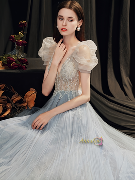 Shop 2024 ANNAKOO Puffy Sleeves V Neck Blue Beading Prom Dress Under 178