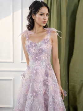 Shop 2024 ANNAKOO Floral Colorful Purple A Line Tulle Prom Dress  Under 169