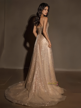 Spaghetti Straps Sequin Gold Trumpet Mermaid Prom Dress