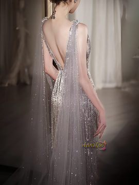 Shop 2024 ANNAKOO Silver Sequin Sheath Column V Neck Shawl Prom Dress Under 149