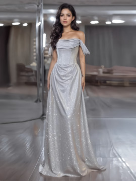 Shop 2024 ANNAKOO Silver Off The Shoulder Trumpet Mermaid Ruched Prom Dress Under 139