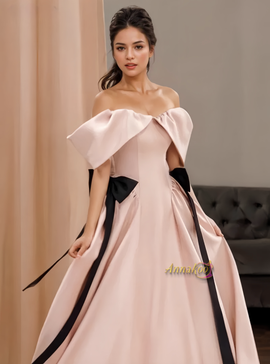Shop 2024 ANNAKOO Pink Off The Shoulder Satin A Line Bow Prom Dress Under 139