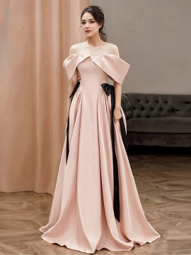 Shop 2024 ANNAKOO Pink Off The Shoulder Satin A Line Bow Prom Dress Under 139
