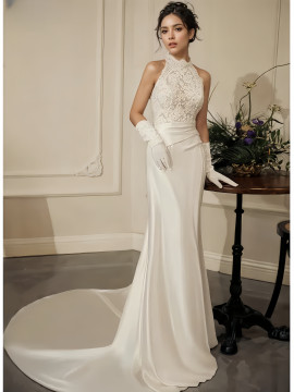 Shop 2024 Annakoo High Neck Lace Trumpet Mermaid Satin Wedding Dress Under 179