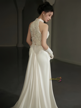 Shop 2024 Annakoo High Neck Lace Trumpet Mermaid Satin Wedding Dress Under 179