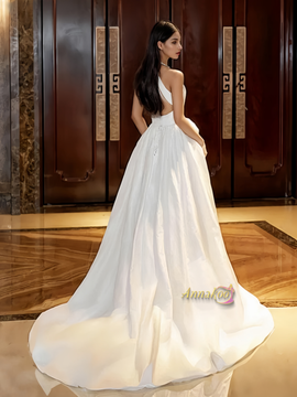 Shop 2024 ANNAKOO A Line Halter Satin Wedding Dress With Slit Under 169