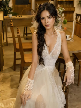 Shop 2024 ANNAKOO V Neck Tulle A Line Appliques Backless Wedding Dress With Slit Under 188